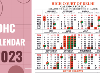 Delhi High Court Calendar 2023