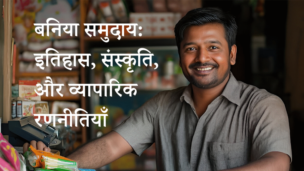 Smiling man in a shop with Hindi text overlay that reads: बनिया समुदाय: इतिहास, संस्कृति, और व्यापारिक रणनीतियाँ (Baniya Community: History, Culture, and Business Strategies).