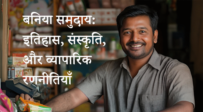 Smiling man in a shop with Hindi text overlay that reads: बनिया समुदाय: इतिहास, संस्कृति, और व्यापारिक रणनीतियाँ (Baniya Community: History, Culture, and Business Strategies).
