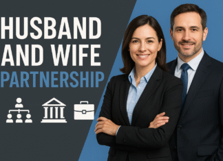 Husband and Wife, Government and Corporation, Firm and Partner a man and woman standing together with their arms crossed