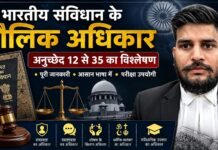भारतीय संविधान के मौलिक अधिकार: अनुच्छेद 12 से 35 का विश्लेषण Fundamental Rights of the Indian Constitution: Analysis of Articles 12 to 35. Educational graphic with a lawyer