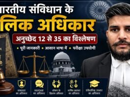Fundamental Rights of the Indian Constitution: Analysis of Articles 12 to 35. Educational graphic with a lawyer